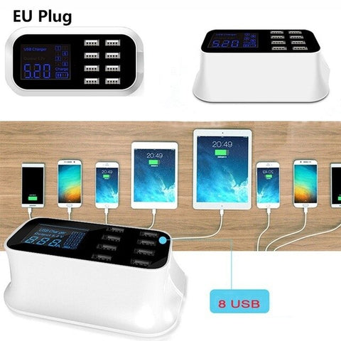 8 Port Portable USB Hub Fast Charger Power Adapter with Smart IC Auto Detect Tech